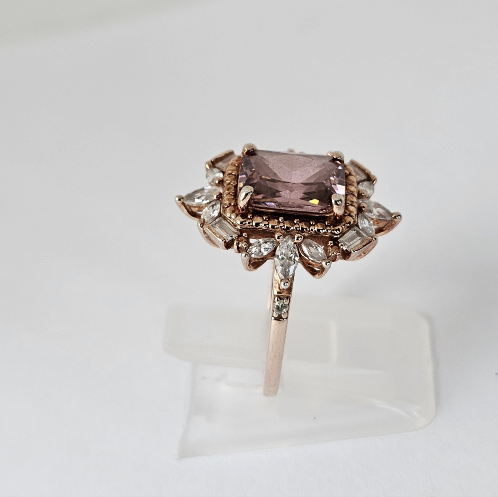 Art Deco Style Morganite & Diamond Simulants 18K Rose Gold Sterling Silver Sz 5 - Picture 2 of 8